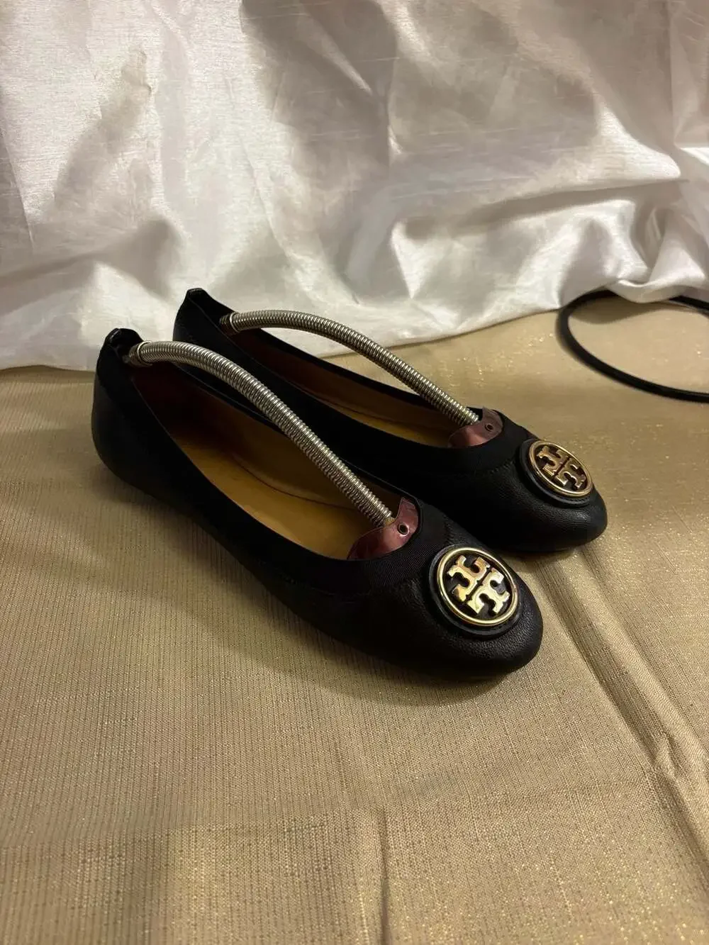 Tory Burch Black Leather Caroline Logo Emblem Ballet Flats